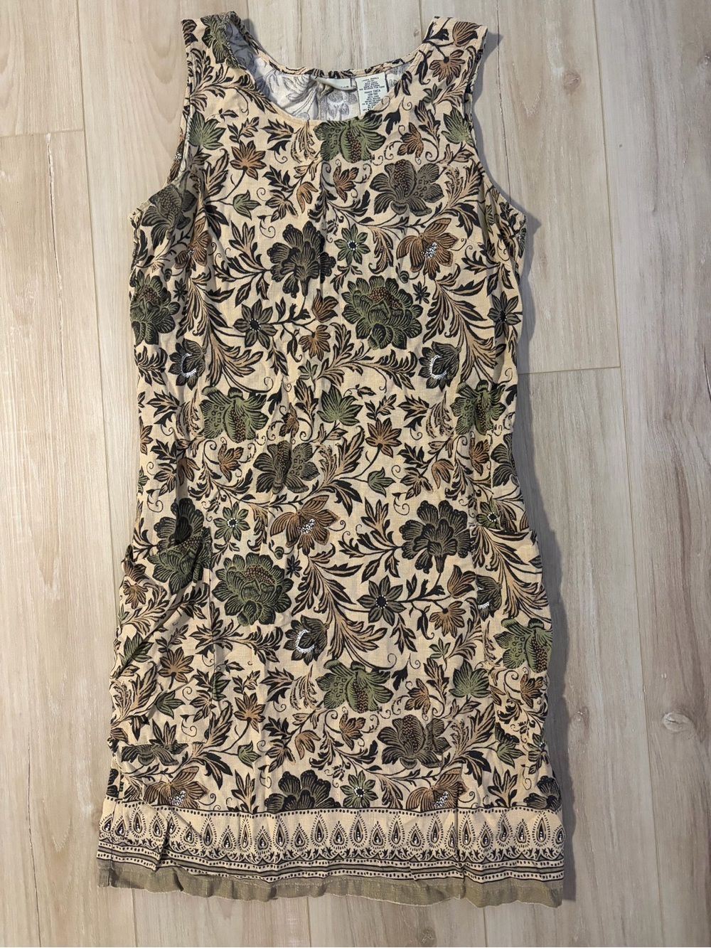 White Stag Beige Floral Midi Dress with Green and Brown Accents